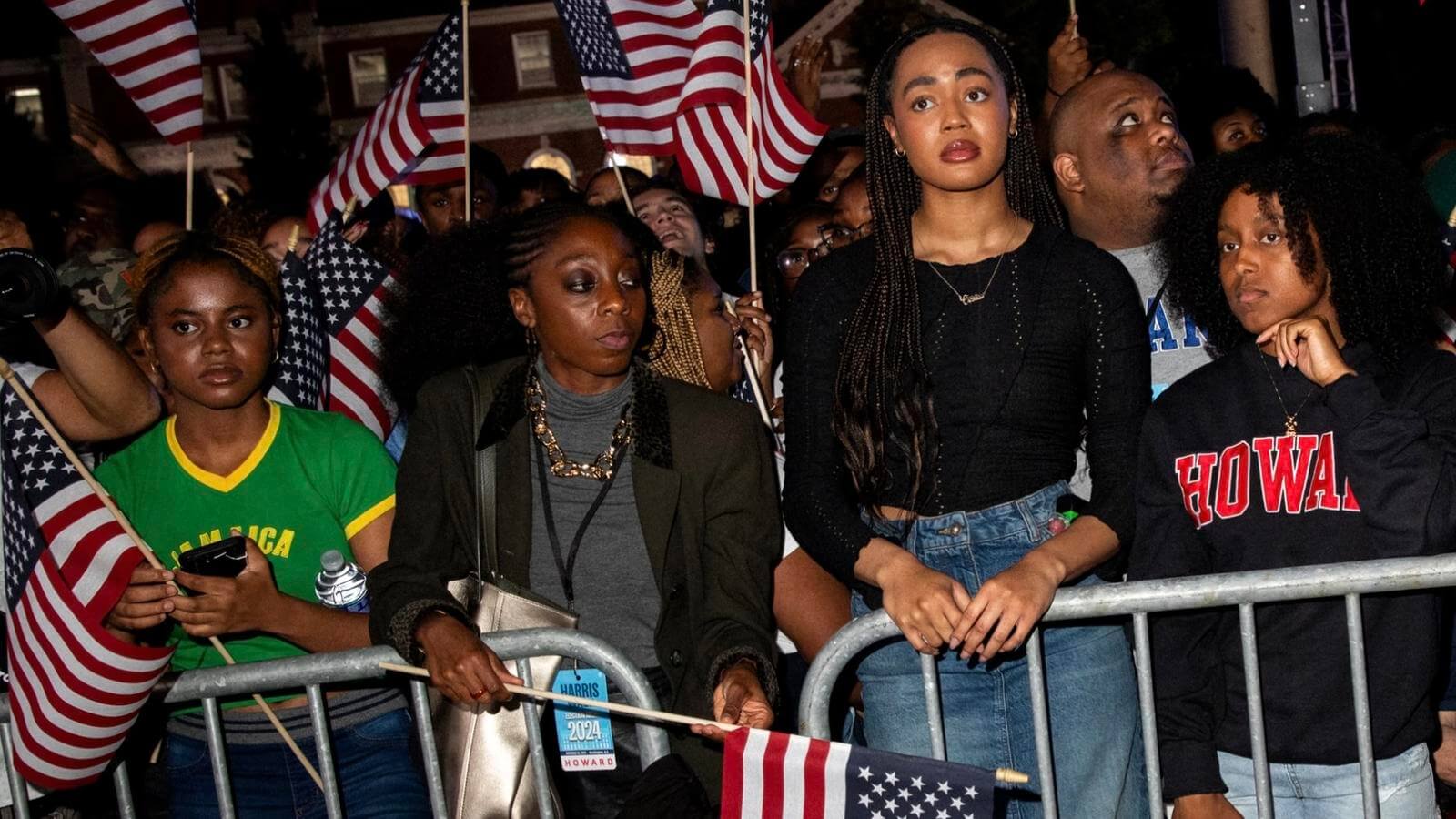HU Film Faculty Akosua Adoma Owusu at Kamala Harris' Election Night Event with HU Students on the Yard