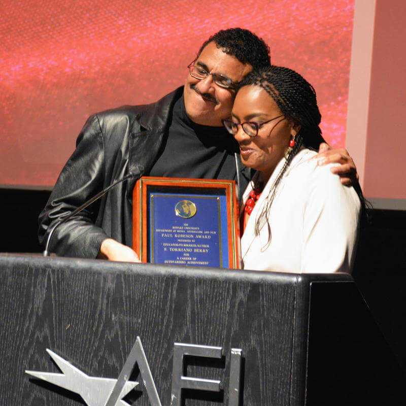 Dean Lawson-Borders with HU Student winner at the 2017 Paul Robeson Student Awards 